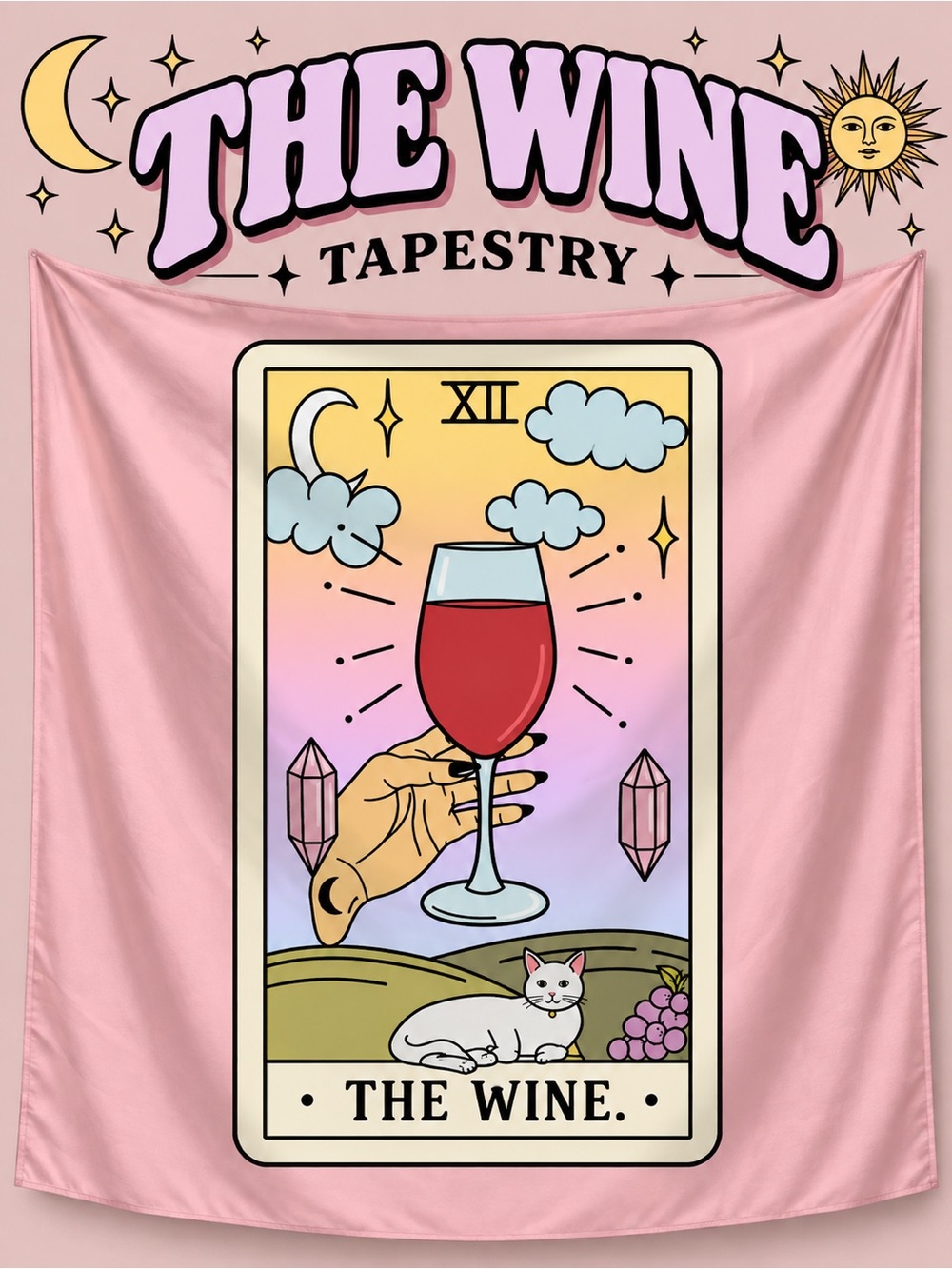 The Wine Tarot Card Tapestry Pink Witchy Boho Wall Decor 59x51 New in Package